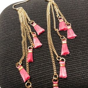 Dangling Gold Finish Earrings with Pink Tassels